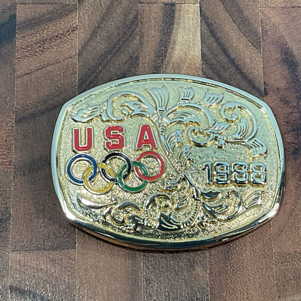 USA Olympics Rings 1988 Belt Buckle Metal Gold Tone Vintage Sports